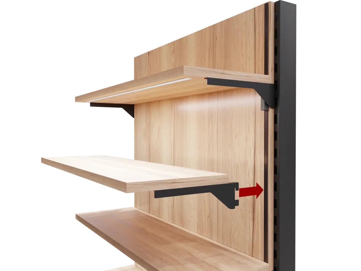 Montageposition der INWI Woodline Stromschiene an der Regalrückwand – dezente Stromführungslösung von DWD Concepts