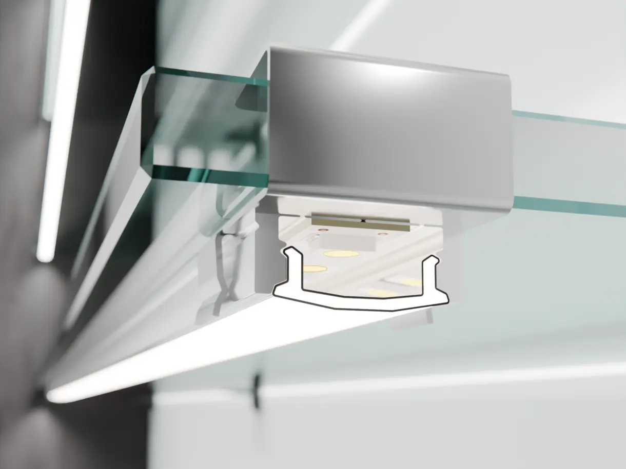 CALLU LED-Lichtleiste in Unterbaumontage am Glasfachboden – elegante Beleuchtungslösung von DWD Concepts