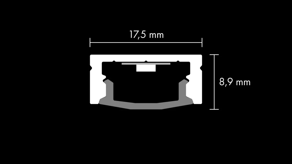 Querschnittszeichnung der LED-Lichtleiste CALLU MDC mit Diffusor und Abmessungen – technische Darstellung von DWD Concepts