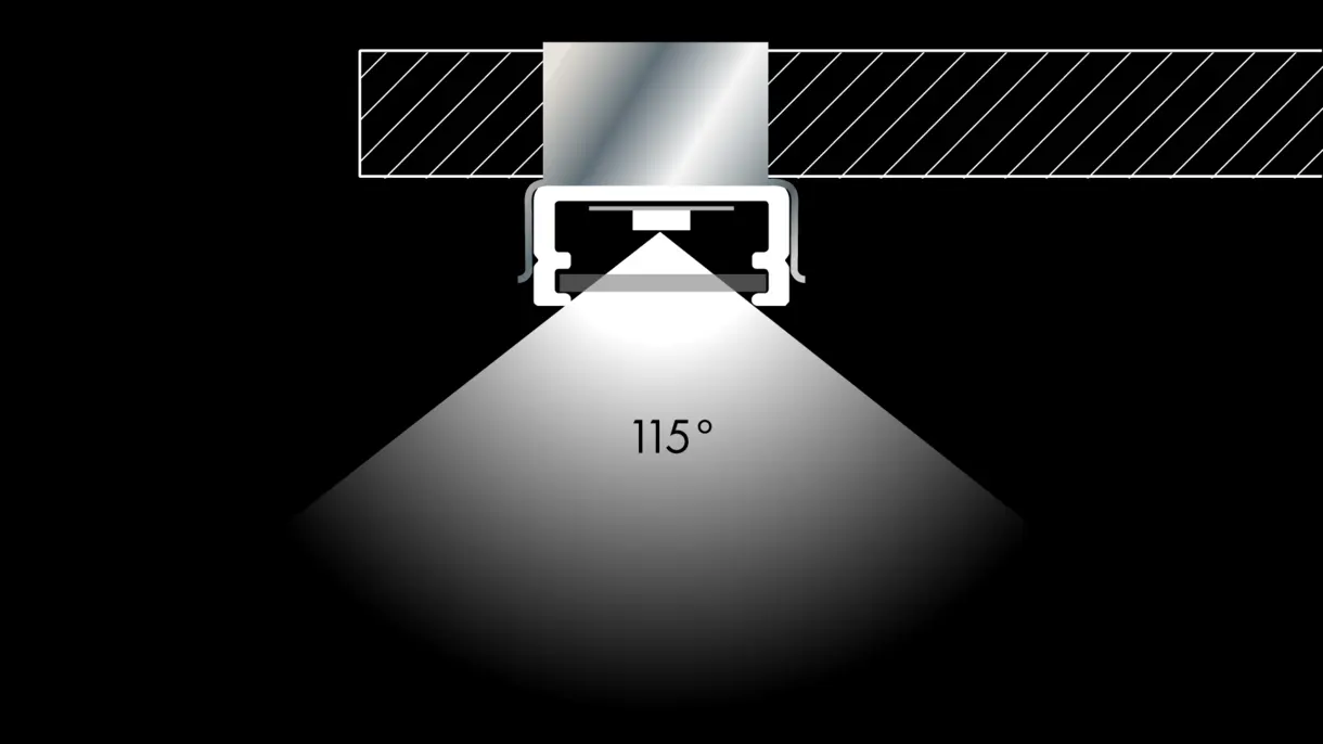 Querschnittszeichnung der LED-Lichtleiste TAURI mit Glasbodenhalter und 115° Abstrahlwinkel – präzise Lichtlösung von DWD Concepts
