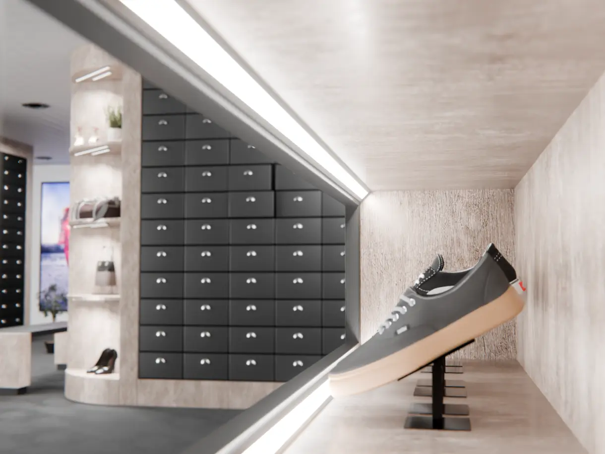 LED-Lichtleiste TRIGONA im Regal eines Schuhgeschäfts montiert – hochwertige Präsentationsbeleuchtung von DWD Concepts