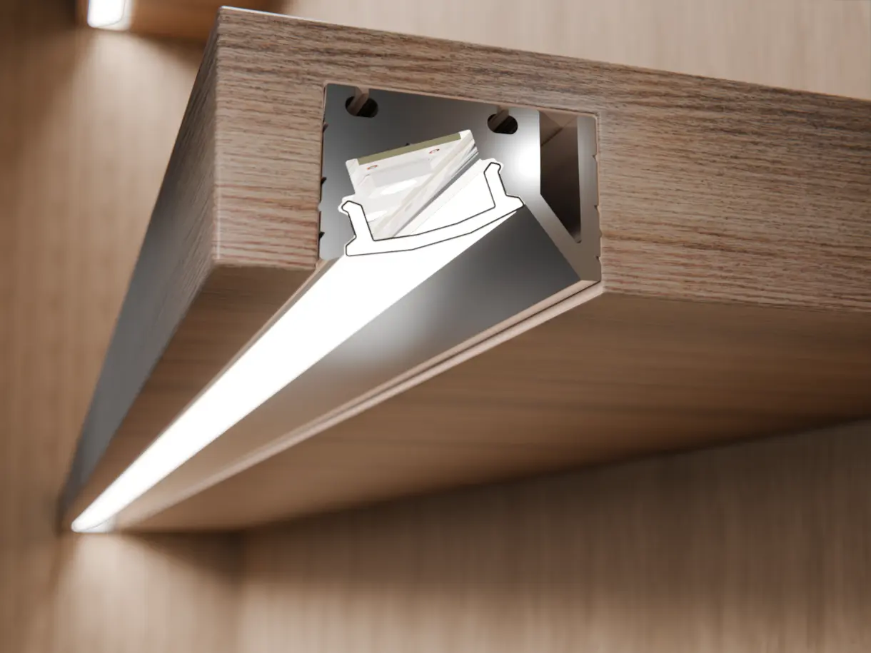 Einbausituation der LED-Lichtleiste CAPH R32 – eingelassen im Holzfachboden – präzise Lichtintegration von DWD Concepts