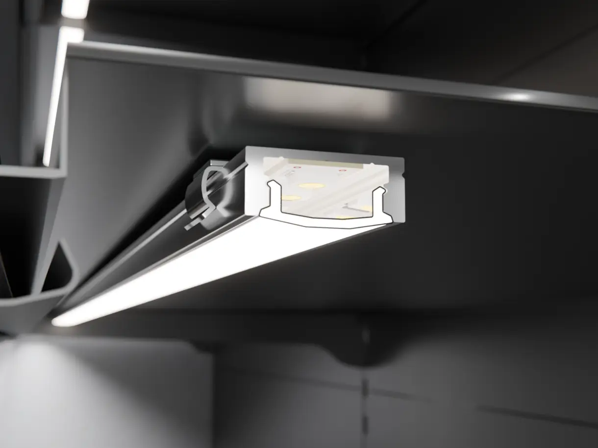 LED-Lichtleiste CALLU in Unterbaumontage am Metallfachboden – effiziente Beleuchtungslösung von DWD Concepts