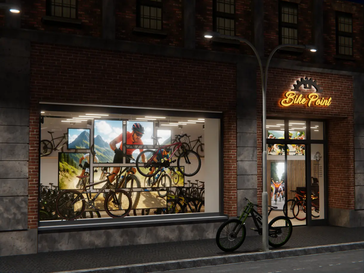 Bike-Shop-Schaufenster mit LED-Leuchtrahmen ACE Panel 15 für aufmerksamkeitsstarke Produktpräsentation.